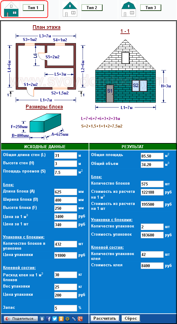 Онлайн калькулятор расчета количества строительных керамзитобетонных блоков