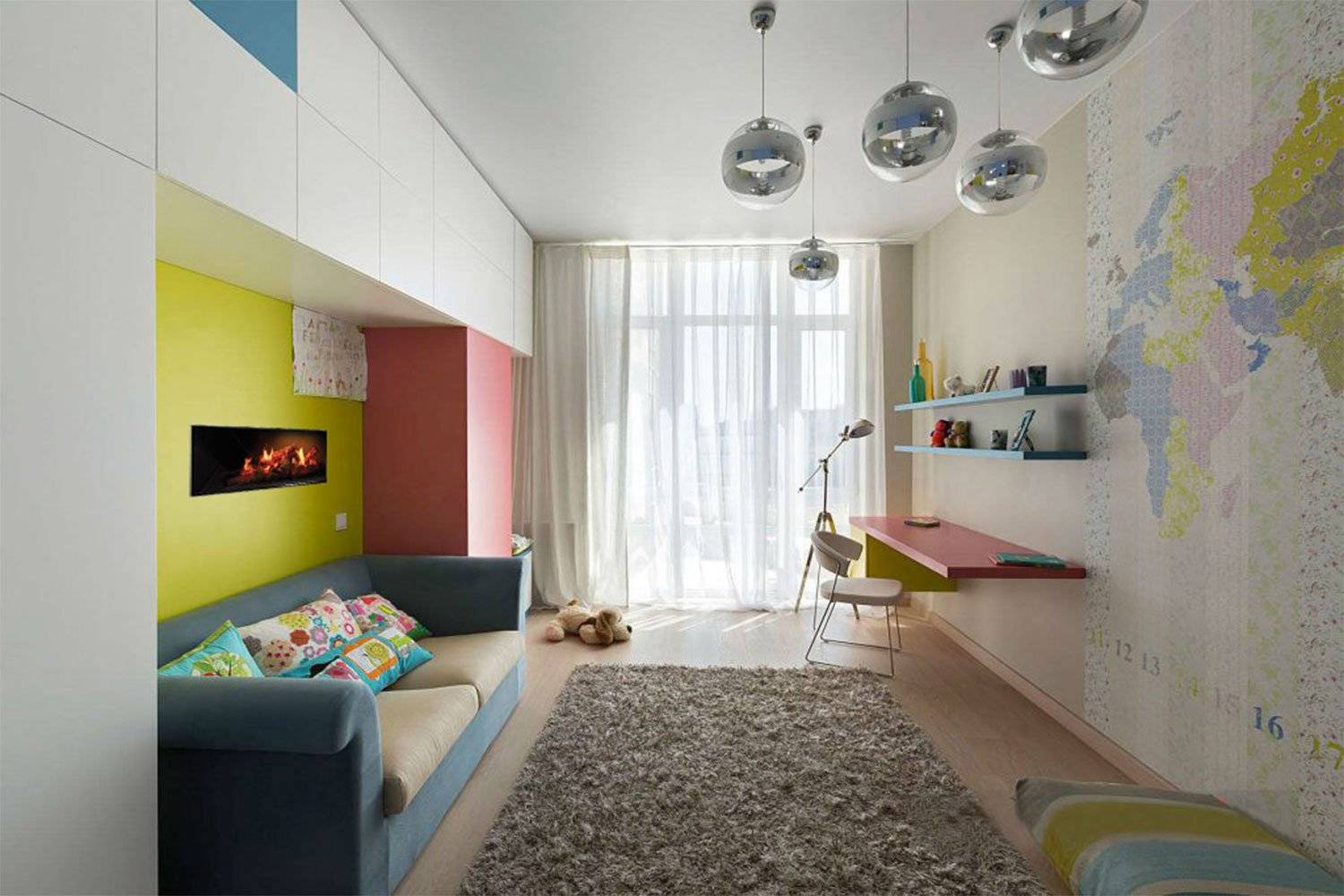 Интерьер маленькой детской комнаты для мальчика и девочки, в хрущевке. зонирование, детская мебель.
